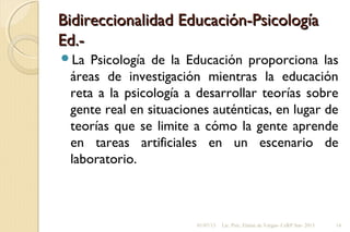 Bidireccionalidad Educación-PsicologíaBidireccionalidad Educación-Psicología
Ed.-Ed.-
La Psicología de la Educación proporciona las
áreas de investigación mientras la educación
reta a la psicología a desarrollar teorías sobre
gente real en situaciones auténticas, en lugar de
teorías que se limite a cómo la gente aprende
en tareas artificiales en un escenario de
laboratorio.
01/07/13 Lic. Psic. Elaine de Vargas- CeRP Sur- 2013 14
 