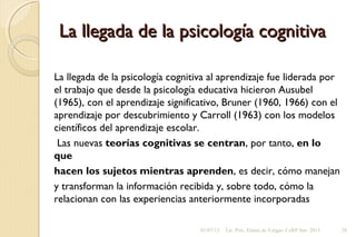 La llegada de la psicología cognitivaLa llegada de la psicología cognitiva
La llegada de la psicología cognitiva al aprendizaje fue liderada por
el trabajo que desde la psicología educativa hicieron Ausubel
(1965), con el aprendizaje significativo, Bruner (1960, 1966) con el
aprendizaje por descubrimiento y Carroll (1963) con los modelos
científicos del aprendizaje escolar.
Las nuevas teorías cognitivas se centran, por tanto, en lo
que
hacen los sujetos mientras aprenden, es decir, cómo manejan
y transforman la información recibida y, sobre todo, cómo la
relacionan con las experiencias anteriormente incorporadas
01/07/13 Lic. Psic. Elaine de Vargas- CeRP Sur- 2013 28
 
