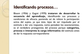 Identificando procesos…Identificando procesos…
Bloom (1956) y Gagné (1970) trataron de desarrollar la
secuencia del aprendizaje, identificando sus procesos y
condiciones de eficacia, poniendo así de relieve la participación
activa del sujeto, ya que éste, lejos de ser impulsado por el
estímulo a dar una respuesta, como pensaban los asociacionistas,
es el verdadero protagonista del proceso porque categoriza,
procesa e interpreta la carga informativa del estímulo antes
de dar la respuesta correspondiente
01/07/13 Lic. Psic. Elaine de Vargas- CeRP Sur- 2013 29
 
