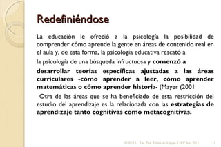 RedefiniéndoseRedefiniéndose
La educación le ofreció a la psicología la posibilidad de
comprender cómo aprende la gente en áreas de contenido real en
el aula y, de esta forma, la psicología educativa rescató a
la psicología de una búsqueda infructuosa y comenzó a
desarrollar teorías específicas ajustadas a las áreas
curriculares -cómo aprender a leer, cómo aprender
matemáticas o cómo aprender historia- (Mayer (2001
Otra de las áreas que se ha beneficiado de esta restricción del
estudio del aprendizaje es la relacionada con las estrategias de
aprendizaje tanto cognitivas como metacognitivas.
01/07/13 Lic. Psic. Elaine de Vargas- CeRP Sur- 2013 31
 