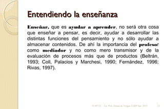Entendiendo la enseñanzaEntendiendo la enseñanza
Enseñar, que es ayudar a aprender, no será otra cosa
que enseñar a pensar, es decir, ayudar a desarrollar las
distintas funciones del pensamiento y no sólo ayudar a
almacenar contenidos. De ahí la importancia del profesor
como mediador y no como mero transmisor y de la
evaluación de procesos más que de productos (Beltrán,
1993; Coll, Palacios y Marchesi, 1990; Fernández, 1996;
Rivas, 1997).
01/07/13 Lic. Psic. Elaine de Vargas- CeRP Sur- 2013 33
 