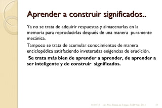 Aprender a construir significados..Aprender a construir significados..
Ya no se trata de adquirir respuestas y almacenarlas en la
memoria para reproducirlas después de una manera puramente
mecánica.
Tampoco se trata de acumular conocimientos de manera
enciclopédica satisfaciendo inveteradas exigencias de erudición.
Se trata más bien de aprender a aprender, de aprender a
ser inteligente y de construir significados.
01/07/13 Lic. Psic. Elaine de Vargas- CeRP Sur- 2013 35
 