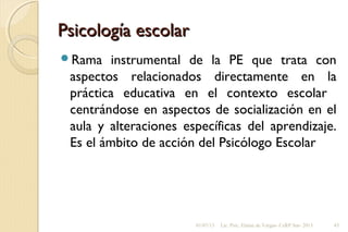 Psicología escolarPsicología escolar
Rama instrumental de la PE que trata con
aspectos relacionados directamente en la
práctica educativa en el contexto escolar
centrándose en aspectos de socialización en el
aula y alteraciones específicas del aprendizaje.
Es el ámbito de acción del Psicólogo Escolar
01/07/13 Lic. Psic. Elaine de Vargas- CeRP Sur- 2013 45
 