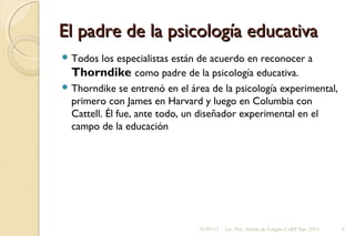 El padre de la psicología educativaEl padre de la psicología educativa
 Todos los especialistas están de acuerdo en reconocer a
Thorndike como padre de la psicología educativa.
 Thorndike se entrenó en el área de la psicología experimental,
primero con James en Harvard y luego en Columbia con
Cattell. Él fue, ante todo, un diseñador experimental en el
campo de la educación
01/07/13 Lic. Psic. Elaine de Vargas- CeRP Sur- 2013 6
 