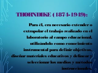 THORNDIKE (1874-1949):
Para él, era necesario extender o
extrapolar el trabajo realizado en el
laboratorio al campo educac...