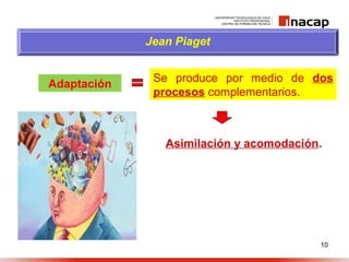 10
Adaptación
Jean Piaget
Asimilación y acomodación.
Se produce por medio de dos
procesos complementarios.
 