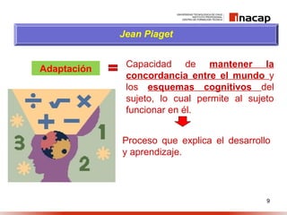 9
Adaptación
Jean Piaget
Proceso que explica el desarrollo
y aprendizaje.
Capacidad de mantener la
concordancia entre el mundo y
los esquemas cognitivos del
sujeto, lo cual permite al sujeto
funcionar en él.
 