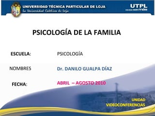 ESCUELA : PSICOLOGÍA  NOMBRES PSICOLOGÍA DE LA FAMILIA  FECHA : Dr. DANILO GUALPA DÍAZ ABRIL  – AGOSTO 2010 