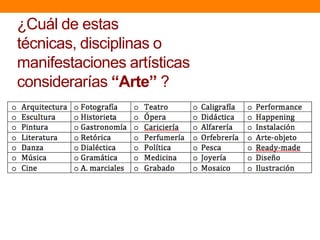 ¿Cuál de estas
técnicas, disciplinas o
manifestaciones artísticas
considerarías “Arte” ?

 