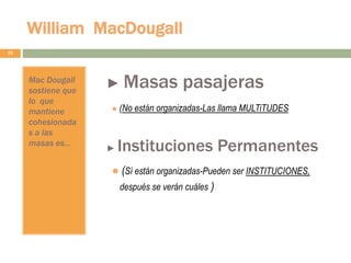 William MacDougall
19
Mac Dougall
sostiene que
lo que
mantiene
cohesionada
s a las
masas es…
► Masas pasajeras
● (No están organizadas-Las llama MULTiTUDES
► Instituciones Permanentes
● (Sí están organizadas-Pueden ser INSTITUCIONES,
después se verán cuáles )
 