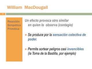William MacDougall
20
Reacción
Simpática
Primitiva
Un efecto provoca otro similar
en quien lo observa (contagio)
● Se produce por la sensación colectiva de
poder.
● Permite sortear peligros casi invencibles
(la Toma de la Bastilla, por ejemplo)
 
