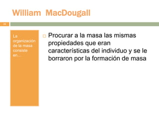 24
La
organización
de la masa
consiste
en…
 Procurar a la masa las mismas
propiedades que eran
características del individuo y se le
borraron por la formación de masa
William MacDougall
 