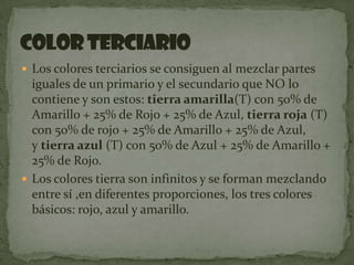 Los colores terciarios se consiguen al mezclar partes iguales de un primario y el secundario que NO lo contiene y son estos: tierra amarilla(T) con 50% de Amarillo + 25% de Rojo + 25% de Azul, tierra roja (T) con 50% de rojo + 25% de Amarillo + 25% de Azul, y tierra azul (T) con 50% de Azul + 25% de Amarillo + 25% de Rojo.Los colores tierra son infinitos y se forman mezclando entre sí ,en diferentes proporciones, los tres colores básicos: rojo, azul y amarillo.Color terciario