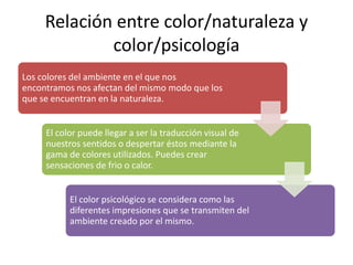 Relación entre color/naturaleza y
color/psicología
Los colores del ambiente en el que nos
encontramos nos afectan del mism...