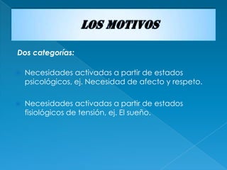 Dos categorías:

   Necesidades activadas a partir de estados
    psicológicos, ej. Necesidad de afecto y respeto.

   Necesidades activadas a partir de estados
    fisiológicos de tensión, ej. El sueño.
 