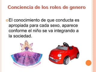 El conocimiento de que conducta es
apropiada para cada sexo, aparece
conforme el niño se va integrando a
la sociedad.
 