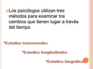 Los psicólogos utilizan tres
métodos para examinar los
cambios que tienen lugar a través
del tiempo
 