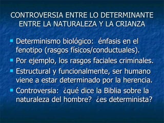 CONTROVERSIA ENTRE LO DETERMINANTE ENTRE LA NATURALEZA Y LA CRIANZA Determinismo biológico:  énfasis en el fenotipo (rasgos físicos/conductuales). Por ejemplo, los rasgos faciales criminales. Estructural y funcionalmente, ser humano viene a estar determinado por la herencia. Controversia:  ¿qué dice la Biblia sobre la naturaleza del hombre?  ¿es determinista? 