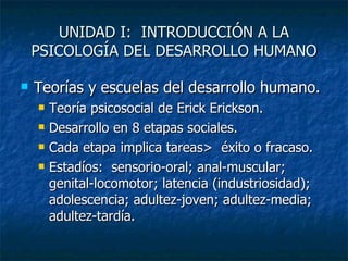 UNIDAD I:  INTRODUCCIÓN A LA PSICOLOGÍA DEL DESARROLLO HUMANO Teorías y escuelas del desarrollo humano. Teoría psicosocial de Erick Erickson. Desarrollo en 8 etapas sociales.  Cada etapa implica tareas>  éxito o fracaso. Estadíos:  sensorio-oral; anal-muscular; genital-locomotor; latencia (industriosidad); adolescencia; adultez-joven; adultez-media; adultez-tardía. 