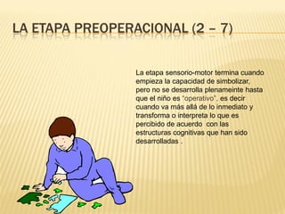 LA ETAPA PREOPERACIONAL (2 – 7)

                 La etapa sensorio-motor termina cuando
                 empieza la capacidad de simbolizar,
                 pero no se desarrolla plenameinte hasta
                 que el niño es “operativo”, es decir
                 cuando va más allá de lo inmediato y
                 transforma o interpreta lo que es
                 percibido de acuerdo con las
                 estructuras cognitivas que han sido
                 desarrolladas .
 