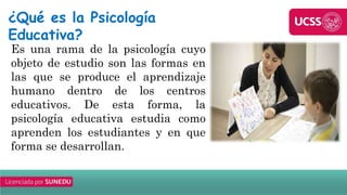 ¿Qué es la Psicología
Educativa?
Es una rama de la psicología cuyo
objeto de estudio son las formas en
las que se produce el aprendizaje
humano dentro de los centros
educativos. De esta forma, la
psicología educativa estudia como
aprenden los estudiantes y en que
forma se desarrollan.
 