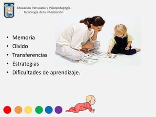 •   Memoria
•   Olvido
•   Transferencias
•   Estrategias
•   Dificultades de aprendizaje.
 