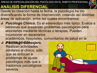 ÁREAS DE ESPECIALIZACIÓN DEL PSICÓLOGO EN EL ÁMBITO PROFESIONAL

ANÁLISIS DIFERENCIAL
Desde su creación hasta la fecha, la psicología ha ido
diversificando la forma de intervención, creando así distintas
áreas de aplicación, entre las cuales encontramos:
Psicólogo Clínico. Es el estereotipo más tipico. Evalúa a
personas que presentan problemas psicológicos para
abordarlos mediante técnicas o terapias. Pueden
incursionar en escenarios
académicos, hospitales, comunitarios de salud en la
práctica privada.
Psicólogo Consejero.
Realizan actividades
similares al clínico, sólo
que se enfocan a
problemas de ajuste
psicológico más que a
trastornos psicológicos
severos.

 