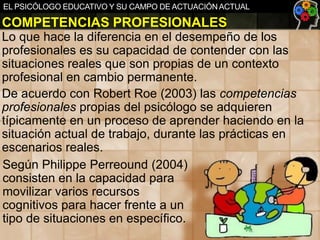 EL PSICÓLOGO EDUCATIVO Y SU CAMPO DE ACTUACIÓN ACTUAL

COMPETENCIAS PROFESIONALES
Lo que hace la diferencia en el desempeño de los
profesionales es su capacidad de contender con las
situaciones reales que son propias de un contexto
profesional en cambio permanente.
De acuerdo con Robert Roe (2003) las competencias
profesionales propias del psicólogo se adquieren
típicamente en un proceso de aprender haciendo en la
situación actual de trabajo, durante las prácticas en
escenarios reales.
Según Philippe Perreound (2004)
consisten en la capacidad para
movilizar varios recursos
cognitivos para hacer frente a un
tipo de situaciones en específico.

 