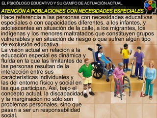 EL PSICÓLOGO EDUCATIVO Y SU CAMPO DE ACTUACIÓN ACTUAL

ATENCIÓN A POBLACIONES CON NECESIDADES ESPECIALES

Hace referencia a las personas con necesidades educativas
especiales o con capacidades diferentes, a los infantes, y
adolescentes en situación de la calle, a los migrantes, los
indígenas y los menores maltratados que constituyen grupos
vulnerables y en situación de riesgo o que sufren algún tipo
de exclusión educativa.
La visión actual en relación a la
educación especial es dinámica y
fluída en la que las limitantes de
las personas resultan de la
interacción entre sus
carácterísticas individuales y
las del entorno físico y social en
las que participan. Así, bajo el
concepto actual, la discapacidad
y la marginación no sólo son
problemas personales, sino que
pasan a ser un responsabilidad
social.

 