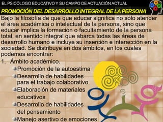 EL PSICÓLOGO EDUCATIVO Y SU CAMPO DE ACTUACIÓN ACTUAL

PROMOCIÓN DEL DESARROLLO INTEGRAL DE LA PERSONA

Bajo la filosofía de que que educar significa no sólo atender
el área académica o intelectual de la persona, sino que
educar implica la formación o facultamiento de la persona
total, en sentido integral que abarca todas las áreas de
desarrollo humano e incluye su inserción e interacción en la
sociedad. Se distribuye en dos ámbitos, en los cuales
podemos encontrar:
1. Ámbito académico.
Promoción de la autoestima
Desarrollo de habilidades
para el trabajo colaborativo
Elaboración de materiales
educativos
Desarrollo de habilidades
del pensamiento
Manejo asertivo de emociones

 