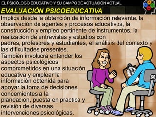 EL PSICÓLOGO EDUCATIVO Y SU CAMPO DE ACTUACIÓN ACTUAL

EVALUACIÓN PSICOEDUCATIVA
Implica desde la obtención de información relevante, la
observación de agentes y procesos educativos, la
construcción y empleo pertinente de instrumentos, la
realización de entrevistas y estudios con
padres, profesores y estudiantes, el análisis del contexto y
las dificultades presentes.
También involucra entender los
aspectos psicológicos
comprometidos en una situación
educativa y emplear la
información obtenida para
apoyar la toma de decisiones
concernientes a la
planeación, puesta en práctica y
revisión de diversas
intervenciones psicológicas.

 