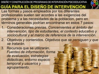 DISEÑO Y CONSTRUCCIÓN DE PROGRAMAS DE INTERVENCIÓN PSICOEDUCATIVA

GUÍA PARA EL DISEÑO DE INTERVENCIÓN
Las formas y pasos empleados por los diferentes
profesionales suelen ser acordes a las exigencias del
problema y a las necesidades de la población, pero en
términos generales podrían encontrarse en estos 7 pasos:
1. Consideraciones previas. Concernientes al ámbito del
intervención, tipo de estudiantes, el contexto educativo y
sociocultural y el marco de referencia de la intervención.
2. Objetivos y contenidos. Objetivos que se persiguen y que
se tratarán.
3. Recursos que se utilizarán.
Fuentes de información, forma
de evaluación, estrategias
didácticas, entorno espacio
temporal y usuarios y
agrupamiento.

 