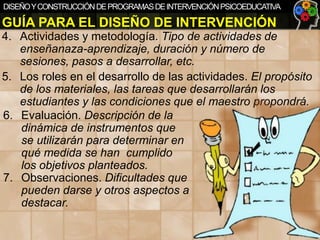 DISEÑO Y CONSTRUCCIÓN DE PROGRAMAS DE INTERVENCIÓN PSICOEDUCATIVA

GUÍA PARA EL DISEÑO DE INTERVENCIÓN
4. Actividades y metodología. Tipo de actividades de
enseñanaza-aprendizaje, duración y número de
sesiones, pasos a desarrollar, etc.
5. Los roles en el desarrollo de las actividades. El propósito
de los materiales, las tareas que desarrollarán los
estudiantes y las condiciones que el maestro propondrá.
6. Evaluación. Descripción de la
dinámica de instrumentos que
se utilizarán para determinar en
qué medida se han cumplido
los objetivos planteados.
7. Observaciones. Dificultades que
pueden darse y otros aspectos a
destacar.

 