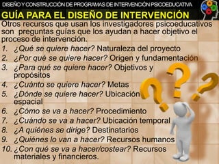 DISEÑO Y CONSTRUCCIÓN DE PROGRAMAS DE INTERVENCIÓN PSICOEDUCATIVA

GUÍA PARA EL DISEÑO DE INTERVENCIÓN
Otros recursos que usan los investigadores psicoeducativos
son preguntas guías que los ayudan a hacer objetivo el
proceso de intervención.
1. ¿Qué se quiere hacer? Naturaleza del proyecto
2. ¿Por qué se quiere hacer? Origen y fundamentación
3. ¿Para qué se quiere hacer? Objetivos y
propósitos
4. ¿Cuánto se quiere hacer? Metas
5. ¿Dónde se quiere hacer? Ubicación
espacial
6. ¿Cómo se va a hacer? Procedimiento
7. ¿Cuándo se va a hacer? Ubicación temporal
8. ¿A quiénes se dirige? Destinatarios
9. ¿Quiénes lo van a hacer? Recursos humanos
10. ¿Con qué se va a hacer/costear? Recursos
materiales y financieros.

 