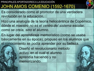 PRINCIPALES APORTADORES A LA EDUCACIÓN

JOHN AMOS COMENIO (1592-1670)
Es considerado como el promotor de una verdadera
revolución en la educación.
Hizo una analogía de la teoría heliocéntrica de Copérnico,
dónde el maestro no es el centro del sistema escolar,
como se creía, sino el alumno.
En lugar del aprendizaje memorístico (como se usaba
básicamente en su época), propuso en los alumnos que
el conocimiento se podía aprender por su belleza.
Diseñó el revolucionario método
.
activo, en el cual el alumno
aprendía haciendo y no
memorizando.

 