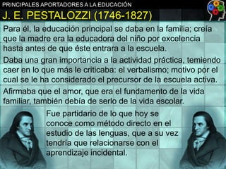 PRINCIPALES APORTADORES A LA EDUCACIÓN

J. E. PESTALOZZI (1746-1827)
Para él, la educación principal se daba en la familia; creía
que la madre era la educadora del niño por excelencia
hasta antes de que éste entrara a la escuela.
Daba una gran importancia a la actividad práctica, temiendo
caer en lo que más le criticaba: el verbalismo; motivo por el
cual se le ha considerado el precursor de la escuela activa.
Afirmaba que el amor, que era el fundamento de la vida
familiar, también debía de serlo de la vida escolar.

Fue partidario de lo que hoy se
conoce como método directo en el
estudio de las lenguas, que a su vez
tendría que relacionarse con el
aprendizaje incidental.

 