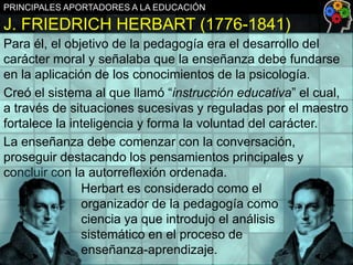 PRINCIPALES APORTADORES A LA EDUCACIÓN

J. FRIEDRICH HERBART (1776-1841)
Para él, el objetivo de la pedagogía era el desarrollo del
carácter moral y señalaba que la enseñanza debe fundarse
en la aplicación de los conocimientos de la psicología.
Creó el sistema al que llamó “instrucción educativa” el cual,
a través de situaciones sucesivas y reguladas por el maestro
fortalece la inteligencia y forma la voluntad del carácter.
La enseñanza debe comenzar con la conversación,
proseguir destacando los pensamientos principales y
concluir con la autorreflexión ordenada.
Herbart es considerado como el
organizador de la pedagogía como
ciencia ya que introdujo el análisis
sistemático en el proceso de
enseñanza-aprendizaje.

 