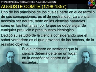 PRINCIPALES APORTADORES A LA EDUCACIÓN

AUGUSTE COMTE (1798-1857)
Uno de los principios de los cuales parte en el desarrollo
de sus concepciones, es el de neutralidad. La ciencia
necesita ser neutra, tanto en las ciencias naturales
como en las humanas; por lo que se debe alejar de
cualquier prejuicio o presupuesto ideológico.
Dedicó su estudio de la ciencia considerando que el
saber verdadero es el que proviene de los hechos, de la
realidad objetiva.
Fue el primero en sostener que la
ciencia debería de tener un lugar
en la enseñanza dentro de la
escuelas.

 