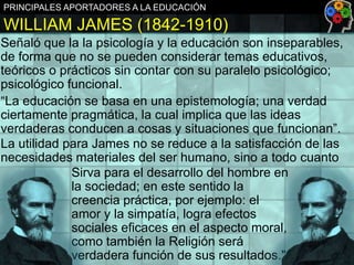 PRINCIPALES APORTADORES A LA EDUCACIÓN

WILLIAM JAMES (1842-1910)
Señaló que la la psicología y la educación son inseparables,
de forma que no se pueden considerar temas educativos,
teóricos o prácticos sin contar con su paralelo psicológico;
psicológico funcional.
“La educación se basa en una epistemología; una verdad
ciertamente pragmática, la cual implica que las ideas
verdaderas conducen a cosas y situaciones que funcionan”.
La utilidad para James no se reduce a la satisfacción de las
necesidades materiales del ser humano, sino a todo cuanto
Sirva para el desarrollo del hombre en
la sociedad; en este sentido la
creencia práctica, por ejemplo: el
amor y la simpatía, logra efectos
sociales eficaces en el aspecto moral,
como también la Religión será
verdadera función de sus resultados."

 