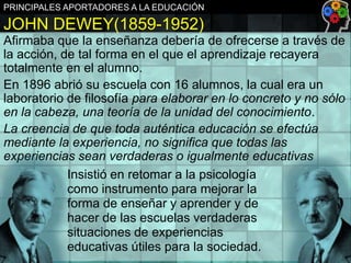 PRINCIPALES APORTADORES A LA EDUCACIÓN

JOHN DEWEY(1859-1952)
Afirmaba que la enseñanza debería de ofrecerse a través de
la acción, de tal forma en el que el aprendizaje recayera
totalmente en el alumno.
En 1896 abrió su escuela con 16 alumnos, la cual era un
laboratorio de filosofía para elaborar en lo concreto y no sólo
en la cabeza, una teoría de la unidad del conocimiento.
La creencia de que toda auténtica educación se efectúa
mediante la experiencia, no significa que todas las
experiencias sean verdaderas o igualmente educativas
Insistió en retomar a la psicología
como instrumento para mejorar la
forma de enseñar y aprender y de
hacer de las escuelas verdaderas
situaciones de experiencias
educativas útiles para la sociedad.

 