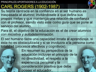 PRINCIPALES APORTADORES A LA EDUCACIÓN

CARL ROGERS (1902-1987)
Su teoría centrada en la confianza en el ser humano es
traspasada al alumno; invitándosele a que defina sus
propias metas y que mantenga una relación de confianza
con el profesor, siendo visto éste como guía que se pone al
servicio del alumno.
Para él, el objetivo de la educación es el de crear alumnos
con iniciativa y autodeterminación.
El ser humano tiene una capacidad innata al aprendizaje, si
ésta no es obstaculizada y si se involucra a la persona como
totalidad (procesos afectivos y cognitivos).
En resumen su perspectiva de la
educación incluyen el principio de la
no directividad, el respeto a la
experiencia personal y la
consideración positiva que debe
poseer el educador..

 