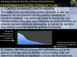 ENFOQUE CONDUCTISTA DE LA PSICOLOGÍA EDUCATIVA

EXPERIMENTACIÓN CONDUCTUAL
2. CONDICIONAMIENTO INSTRUMENTAL
Thorndike notó que las ratas solían aprender a salir del
laberinto de una manera rápida y eficaz mediante el
condicionamiento. Las primeras veces lo hacían de una
manera lenta y pausada, pero después de unos intentos y al
obtener las recompensas adecuadas, lo hacían en tiempos
muy cortos, como la siguiente gráfica lo muestra:
Tiempo (en
minutos) que
tarda en recorrer
el laberinto

35
30
25
20
15
10
5
0

1

2

3

4

5

6

7

8

Número de veces que se
introduce en el laberinto

El Objetivo del Condicionamiento Instrumental era el de
reducir el tiempo que se domina una conducta (salir del
laberinto) mediante la repetición y el uso de recompensas.

 