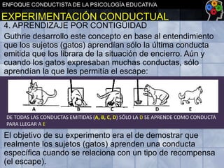ENFOQUE CONDUCTISTA DE LA PSICOLOGÍA EDUCATIVA

EXPERIMENTACIÓN CONDUCTUAL
4. APRENDIZAJE POR CONTIGÜIDAD
Guthrie desarrollo este concepto en base al entendimiento
que los sujetos (gatos) aprendían sólo la última conducta
emitida que los librara de la situación de encierro. Aún y
cuando los gatos expresaban muchas conductas, sólo
aprendían la que les permitía el escape:

A
B
C
D
E
DE TODAS LAS CONDUCTAS EMITIDAS (A, B, C, D) SÓLO LA D SE APRENDE COMO CONDUCTA
PARA LLEGAR A E

El objetivo de su experimento era el de demostrar que
realmente los sujetos (gatos) aprenden una conducta
específica cuando se relaciona con un tipo de recompensa
(el escape).

 
