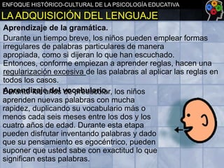 ENFOQUE HISTÓRICO-CULTURAL DE LA PSICOLOGÍA EDUCATIVA

LA ADQUISICIÓN DEL LENGUAJE
Aprendizaje de la gramática.
Durante un tiempo breve, los niños pueden emplear formas
irregulares de palabras particulares de manera
apropiada, como si dijeran lo que han escuchado.
Entonces, conforme empiezan a aprender reglas, hacen una
regularización excesiva de las palabras al aplicar las reglas en
todos los casos.
Aprendizaje del de preescolar,
Durante los años vocabulario. los niños
aprenden nuevas palabras con mucha
rapidez, duplicando su vocabulario más o
menos cada seis meses entre los dos y los
cuatro años de edad. Durante esta etapa
pueden disfrutar inventando palabras y dado
que su pensamiento es egocéntrico, pueden
suponer que usted sabe con exactitud lo que
significan estas palabras.

 