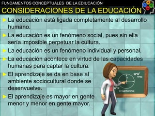 FUNDAMENTOS CONCEPTUALES DE LA EDIUCACIÓN

CONSIDERACIONES DE LA EDUCACIÓN
► La educación está ligada completamente al desarrollo

humano.
► La educación es un fenómeno social, pues sin ella
sería imposible perpetuar la cultura.
► La educación es un fenómeno individual y personal.
► La educación acontece en virtud de las capacidades
humanas para captar la cultura.
► El aprendizaje se da en base al
ambiente sociocultural donde se
desenvuelve.
► El aprendizaje es mayor en gente
menor y menor en gente mayor.

 