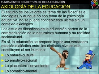 FUNDAMENTOS CONCEPTUALES DE LA EDUCACIÓN

AXIOLOGÍA DE LA EDUCACIÓN
El estudio de los valores es tema de las filosofías e
ideologías, y aunque no son tema de la psicología
educativa, no se puede concebir esta última sin un
contexto axiológico.
Los estudios filosóficos de la educación parten de la
caracterización de la naturaleza humana y su realidad
sociocultural.
En sí, la educación se propone lograr una verdadera
relación dialéctica entre los distintos niveles que
constituyen al ser humano:
► Lo natural-cultural
► Lo emotivo-racional
► Lo placentero-conveniente
► Lo somático-mental

 