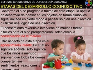ENFOQUE COGNOSCITIVO DE LA PSICOLOGÍA EDUCATIVA

ETAPAS DEL DESARROLLO COGNOSCITIVO
Conforme el niño progresa a través de esta etapa, la aptitud
en desarrollo de pensar en los objetos en forma simbólica
sigue limitada en cierto modo a pensar sólo en una dirección
o utilizar una lógica de una dirección.
El pensamiento reversible interviene en muchas tareas
difíciles para el niño preoperacional, tales como la
conservación de la materia..
Otro aspecto de esta etapa es el
egocentrismo infantil. Lo cual no
significa egoísta, sólo significa
que los niños a menudo
suponen que todos los demás
comparten sus
sentimientos, reacciones y

 