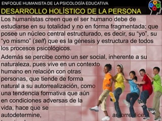 ENFOQUE HUMANISTA DE LA PSICOLOGÍA EDUCATIVA

DESARROLLO HOLÍSTICO DE LA PERSONA
Los humanistas creen que el ser humano debe de
estudiarse en su totalidad y no en forma fragmentada; que
posee un núcleo central estructurado, es decir, su “yo”, su
“yo mismo” (self) que es la génesis y estructura de todos
los procesos psicológicos.
Además se percibe como un ser social, inherente a su
naturaleza, pues vive en un contexto
humano en relación con otras
personas, que tiende de forma
natural a su autorrealización, como
una tendencia formativa que aún
en condiciones adversas de la
vida, hace que se
autodetermine,
autorrealice y

 