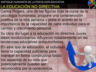 ENFOQUE HUMANISTA DE LA PSICOLOGÍA EDUCATIVA

LA EDUCACIÓN NO DIRECTIVA
Carlos Rogers, una de las figuras más rectoras de la
psicología humanista, propone una consideración
positiva de la otra persona y pone el acento en la
importancia de la capacidad de cada individuo para el
cambio y crecimiento personal.
Su obra dio lugar a la educación no directiva, cuyas
ideas revolucionarias influyeron notablemente en las
tendencias educativas antiautoritarias.
En este tipo de educación, el individuo
tiene la capacidad suficiente para
manejar en forma constructiva todos
los aspectos de su vida que
potencialmente pueden ser
reconocidos por la consciencia.

 