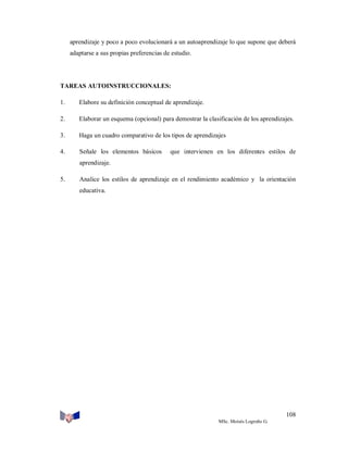 aprendizaje y poco a poco evolucionará a un autoaprendizaje lo que supone que deberá
adaptarse a sus propias preferencias de estudio.

TAREAS AUTOINSTRUCCIONALES:
1.

Elabore su definición conceptual de aprendizaje.

2.

Elaborar un esquema (opcional) para demostrar la clasificación de los aprendizajes.

3.

Haga un cuadro comparativo de los tipos de aprendizajes

4.

Señale los elementos básicos

que intervienen en los diferentes estilos de

aprendizaje.
5.

Analice los estilos de aprendizaje en el rendimiento académico y la orientación
educativa.

108
MSc. Moisés Logroño G.

 